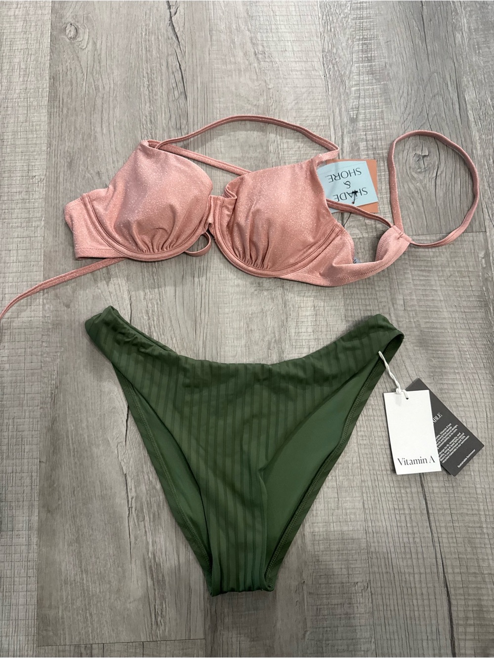 Vitamin A Pink Shimmer Underwire Bikini Top with Olive Green High-Cut Bottom
